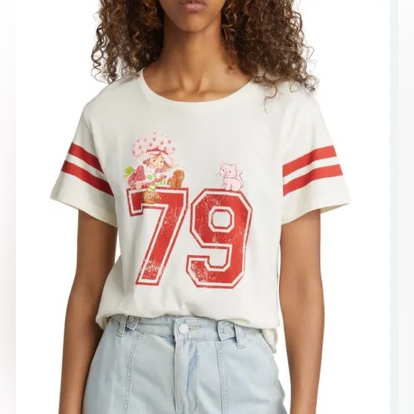 Strawberry Shortcake Big 79 football jersey style tee size M NWOT GOLDEN HOUR - Picture 1 of 12
